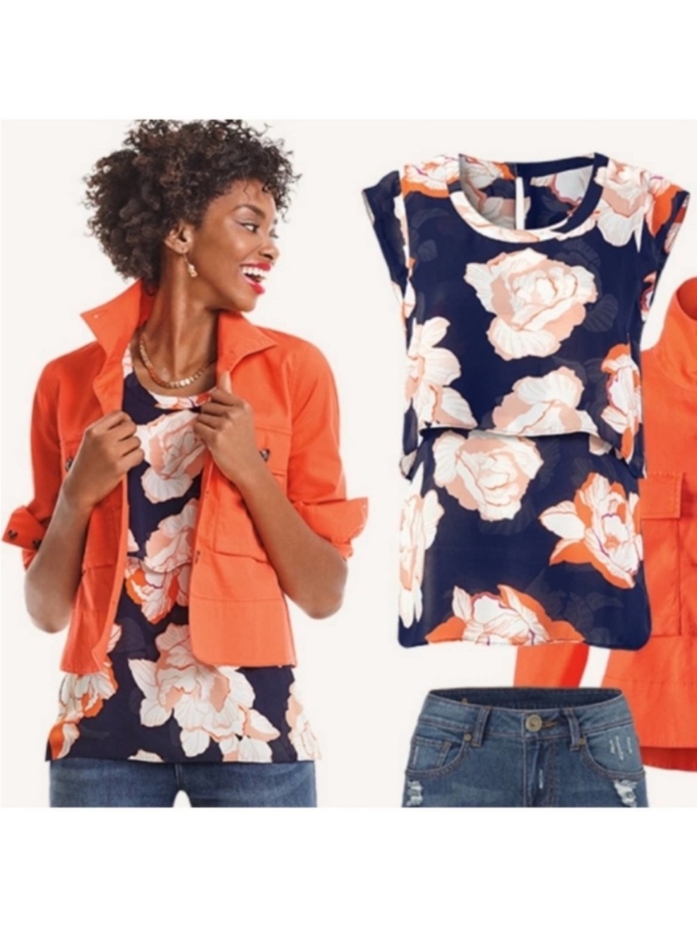 Cabi Floral Layered Navy and Coral Women’s Shell Top